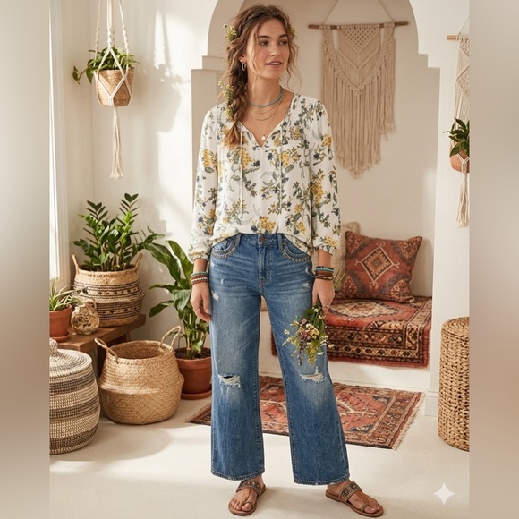 LUCKY BRAND Blouse Sz M Floral Smock Front LS Peasant Boho Soft Tunic Top - Picture 2 of 14